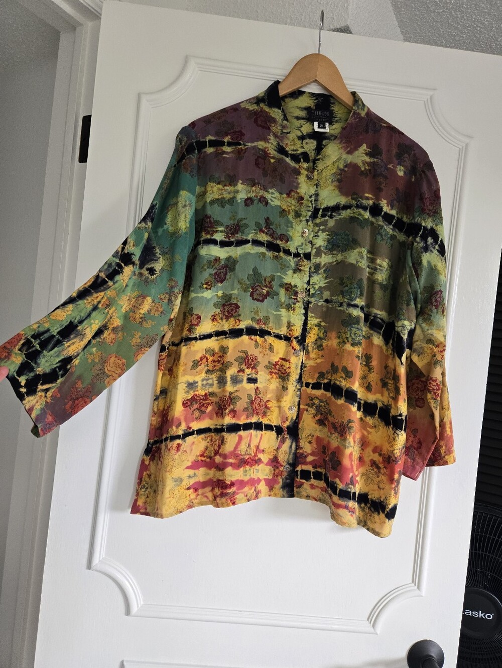 Citron Mandarin Collared Colorful Tie-Dye Button-Up Blouse XL